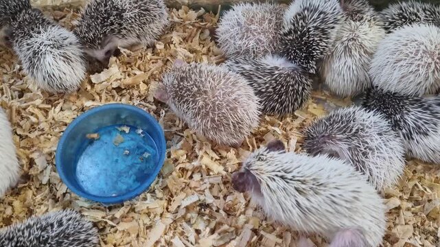 A group of small African pygmy hedgehogs resting and eating in a cage with wood shavings. One hedgehog drinks from a blue bowl while others sleep together in a cluster. Domestic pet care scene.