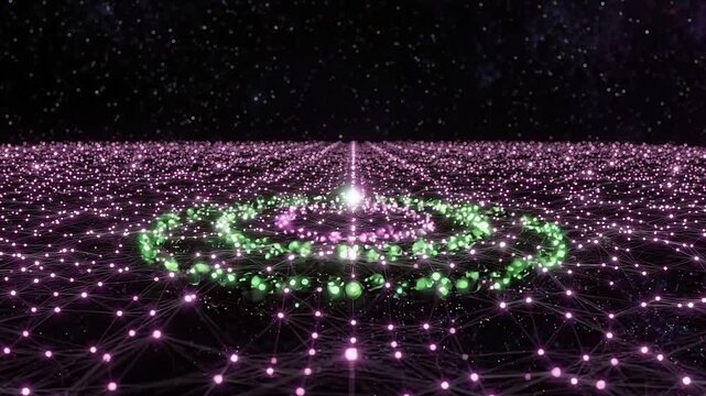 Colorful glowing particles form a circular pattern in a cosmic space, with a bright central light and a network of connections visible in the background
