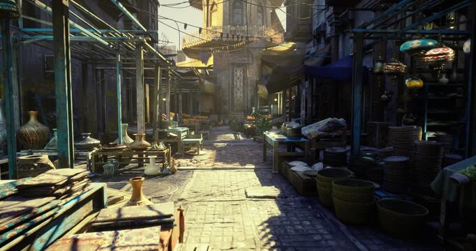 Eerie morning marketplace, Silent sunrise exposes deserted vendor areas, Mysterious early morning fair reveals empty booths and silent surroundings