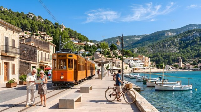 Vintage Tram in Port de Soller, Mallorca, Spain with Senior Tourists and Mediterranean Sea Coast