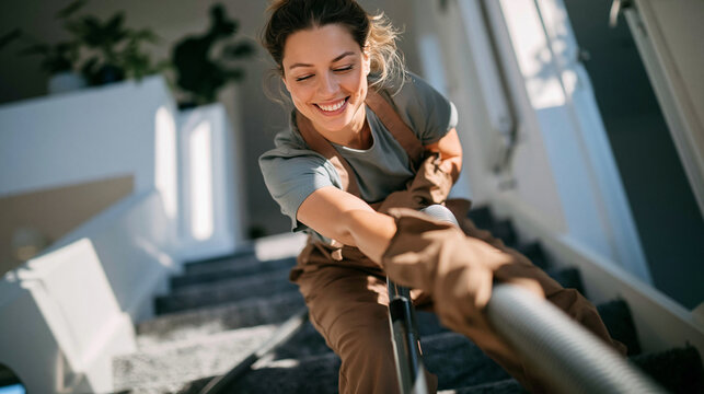 Smiling woman cleaning carpeted stairs with a vacuum cleaner, enjoying home housework and maintaining a clean house