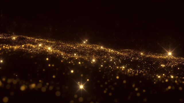 Macro view of luxurious gold glitter particles swirling in a deep dark infinite void space