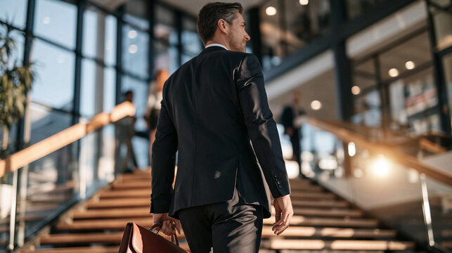 Corporate businessman walking up modern office building stairs, carrying briefcase, looking ahead with ambition and career success