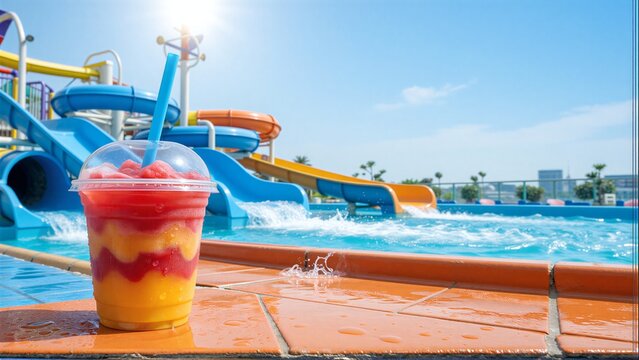 Colorful drink on tiled poolside with vibrant water slides and sunlit blue waves in background.