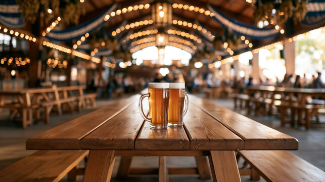 Two beer mugs on a rustic wooden table in a festive beer tent during a bavarian celebration