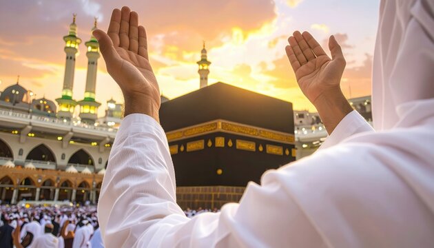 Muslim man praying at the Kaaba during sunset representing Islamic devotion, pilgrimage to Mecca, religious unity and spiritual connection to faith