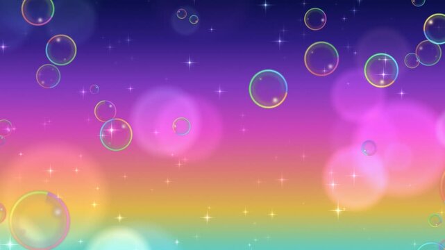 Floating soap bubbles and glowing bokeh drifting over a rainbow gradient, dreamy sparkling motion background, seamless 4K loop