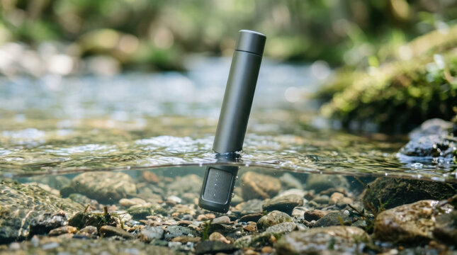 Clean water access concept with portable water filter device in natural stream environment for outdoor use