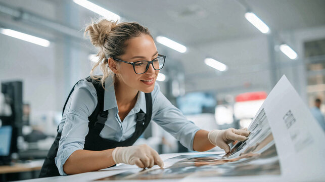 Woman technician checking print quality in a professional printing plant, reviewing press proofs for color and detail accuracy