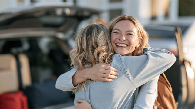 Women hugging, expressing joy and affection after arriving by car with luggage, celebrating friendship and travel