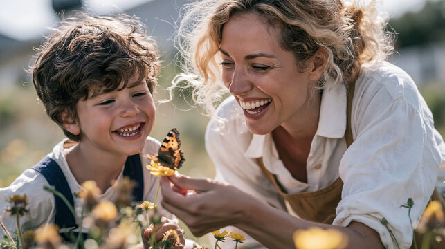Mother and son discovering a butterfly on a flower, sharing a moment of pure joy and happiness in nature