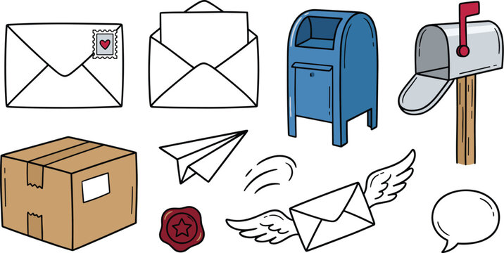 Postal service mail vector elements set featuring envelopes postbox mailbox cardboard parcel paper plane wax seal and speech bubble icons on white background