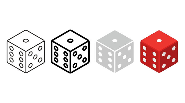 Set of dice icons in isometric perspective with outline, solid, and red color styles for games, gambling, and luck