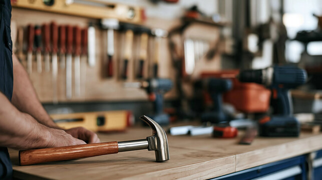 Carpenter leaning on workbench with hammer, surrounded by woodworking tools in a busy workshop