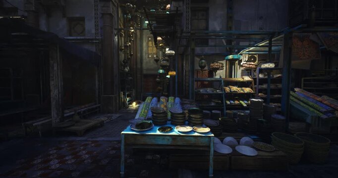 illuminated backstreet market aisle with produce rows of fruits and vegetables under hanging bulbs, wet pavement reflecting light, metal shelves and crates,