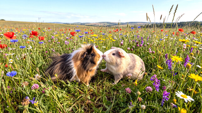 An adorable pair of domestic guinea pigs touching noses while sitting together in a beautiful summer meadow filled with colorful wildflowers.