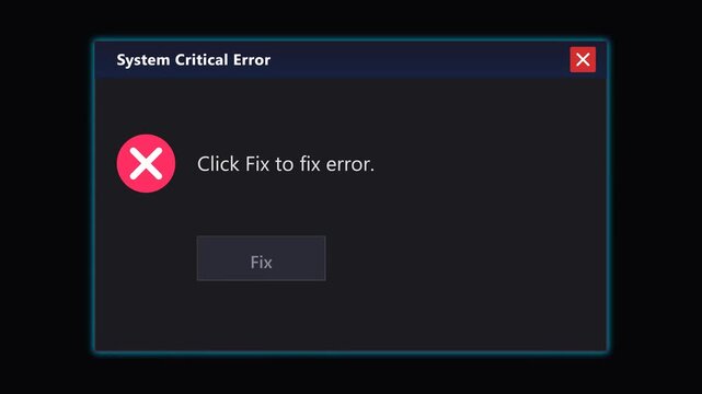 Malware pop up simulation showing system critical error prompt on dark background.