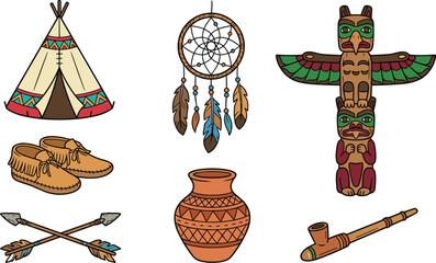Native American cultural symbols set featuring traditional teepee dreamcatcher wooden totem pole moccasins crossed arrows clay pottery and pipe flat vector illustration © MstJoynobAkhtar