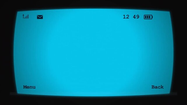 Retro CRT Television Display Showing Blue Screen Menu with System Icons and Clock.