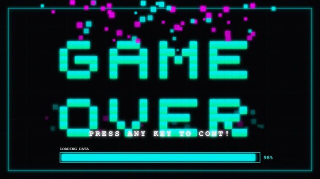 Retro Arcade Game Over Screen Animation Loop with Loading Progress Bar.