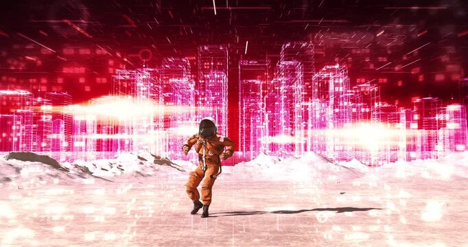Futuristic astronaut dancing on cratered terrain towards glowing metaverse city wireframe. Abstract Digital Space City Concept.