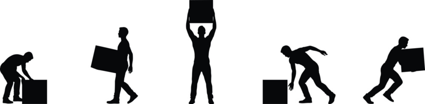 Silhouettes of People Lifting and Carrying Boxes on White Background untitled vector
