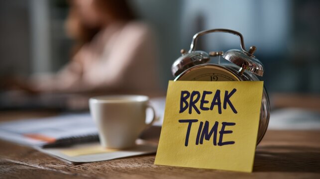 Cozy coffee break time note, yellow sticky paper on mug in cafe, warm lifestyle workspace concept background