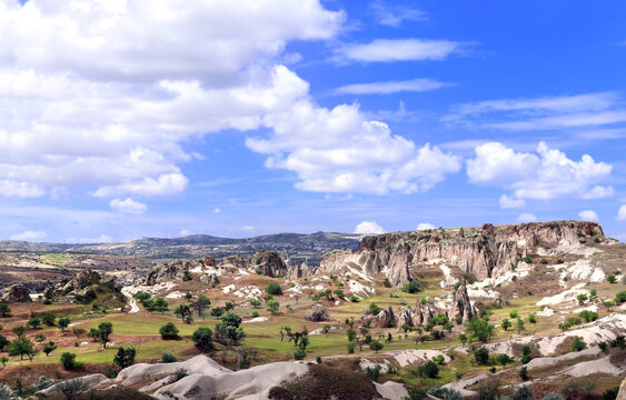 Landscape of world-famous fairy chimneys and mushroom-shaped rocks. Symbol of Cappadocia - Fairy Chimney (Multihead stone mushrooms), Pasabag Valley, Anatolia, Turkey. Topic of travel, trip, vacation