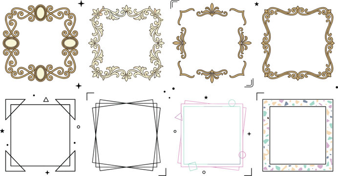 Vintage baroque frames and modern geometric borders set containing luxury gold filigree scrollwork abstract shapes and terrazzo pattern vector illustration