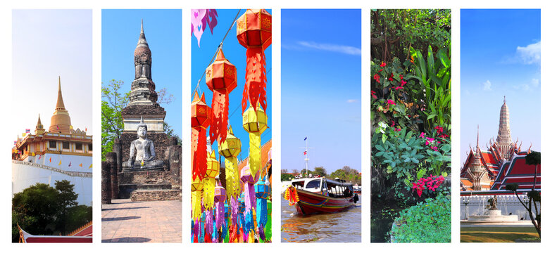 Welcome to Thailand. Travel, rest, vacation, holiday concept. Vertical banner with colourful scenes. View of landmark of Chiang Mai, Ayutthaya, Bangkok. Topic of sightsee, trip, cruise, tour