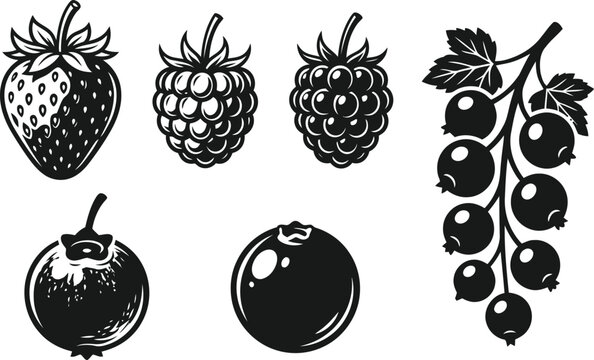 Berry silhouette collection isolated on transparent background strawberry raspberry blackcurrant