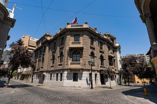 Chilean flag waving on historic building in Paris Londres neighborhood Santiago Chile