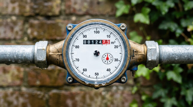 Water meter measuring clean water access for household consumption with metal pipes and brick wall background