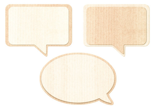 Set of Empty comic speech bubble from recycled carton material. Sustainable development of strategy approach to zero waste, responsible consumption. Eco-friendly concept. Isolated on white background
