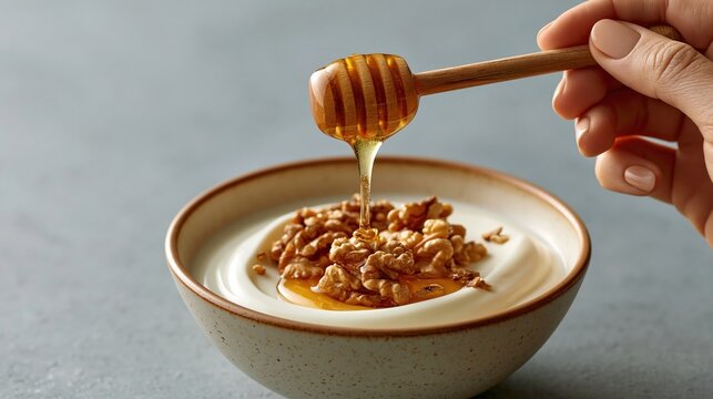 Hand slowly pours sweet liquid honey over a creamy bowl of Greek yogurt topped with fresh walnuts