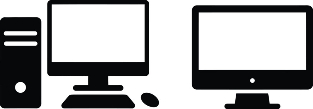 Simple black and white desktop computer setup with tower, monitor, keyboard, and mouse