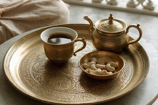Person relaxing on a balcony with hot coffee and cashew nuts arranged on a decorative brass tray
