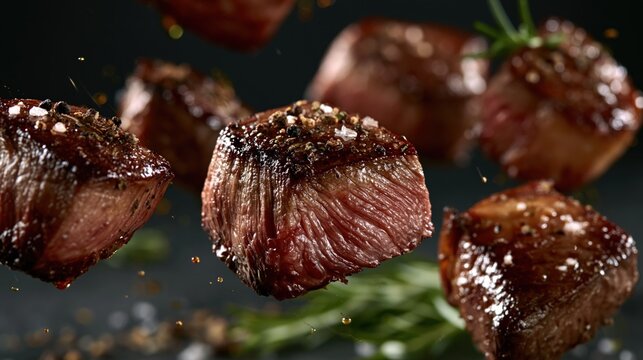 Floating beef steak cuts with seared crusts and fresh herbs captured in mid-air motion