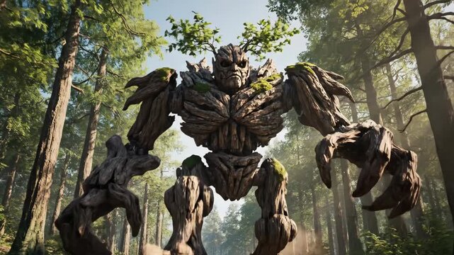 Ancient tree golem walking in a pine forest, epic fantasy guardian creature.