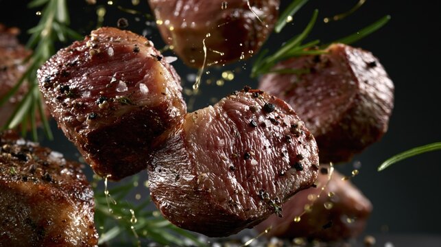 Delicious thick meat cuts floating with oil droplets and spices in a professional kitchen setting
