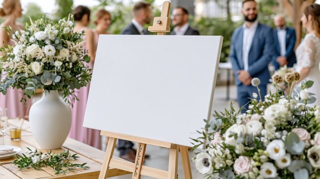 Blank canvas welcome sign placed on an easel at a sunny outdoor wedding with elegant guests nearby