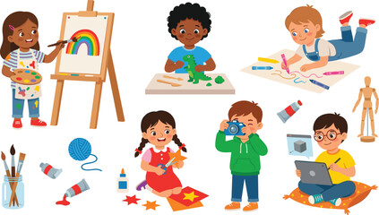 Fototapeta premium Happy diverse kids doing creative arts and crafts projects painting drawing sculpting clay cutting paper and using digital tablet vector illustration set