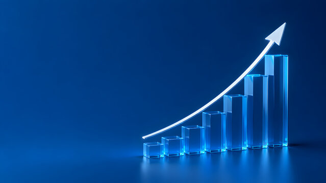 A 3d bar chart made of glowing blue glass blocks with an upward trending arrow, representing financial growth, business success, and data analysis, on a dark blue background