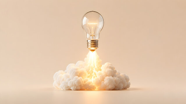 A light bulb launching like a rocket with a trail of smoke and fire, representing a startup business idea, rapid growth, and innovation, on a neutral beige background