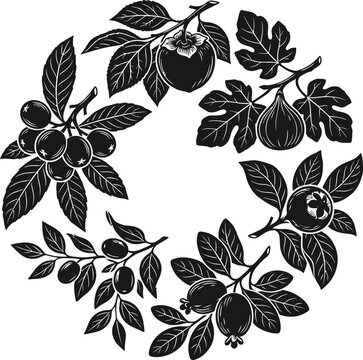 Black silhouette floral wreath with fruits and leaves isolated on transparent background