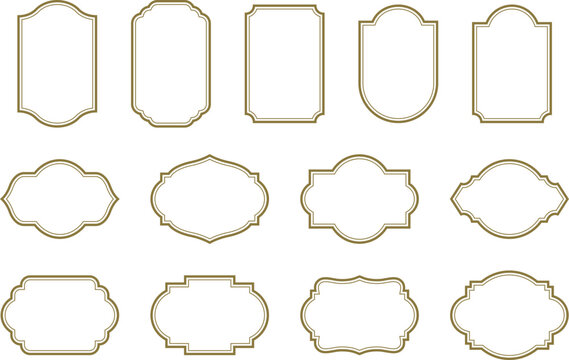 Gold outline vintage frame set on transparent background. Retro Logo Frames, elegant Label Shapes and Badge Templates Set. Blank label templates for branding and packaging.