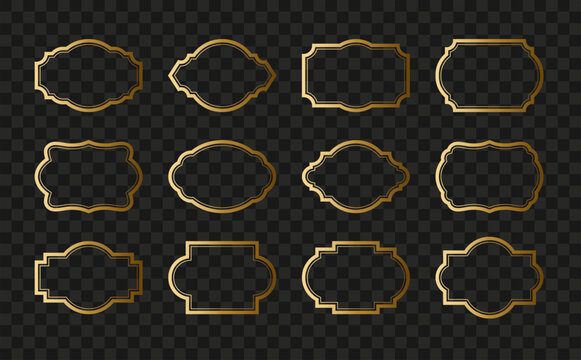 Luxury gold label frames with ornate vintage shapes. Horizontal Logo Frames, Label Shapes and Badge Templates Set. Collection for product packaging, premium badges and wedding design.