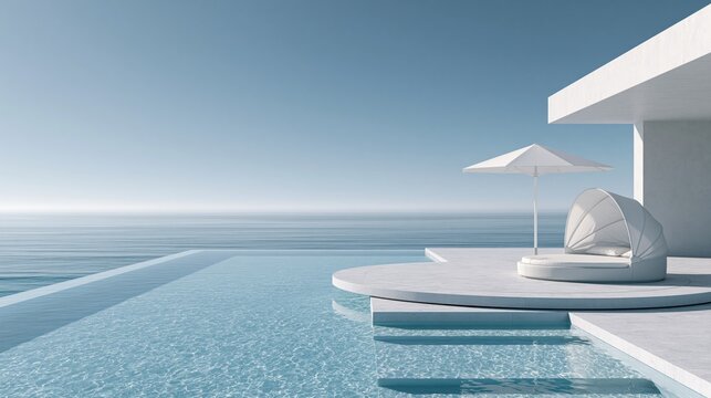 Infinity pool with a white daybed and calm sea view under a bright blue morning sky