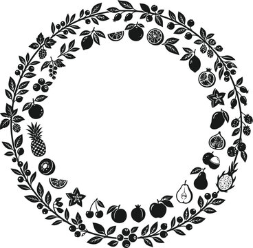 Fruit and foliage circular frame silhouette isolated on transparent background