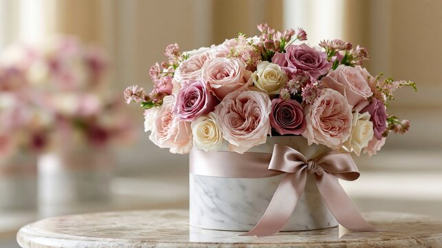 Blush pink and mauve flowers arranged in a luxury marble hatbox on a soft neutral surface
